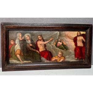 Very Beautiful Painted Religious Painting, Oil On Wooden Panel, 17th Century Period