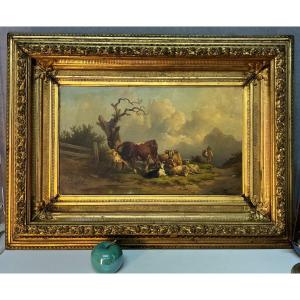 Edmund Mahlknecht (1820-1903) Oil On Canvas Painting Representing Cows And Sheep Etc..