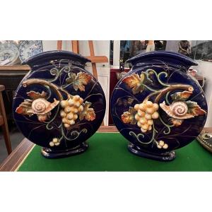 Paire De Vases De Wasmuel, Méplat En Faïence Impressionniste, Epoque 1880, Décor Japonisant XIX