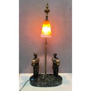 Lampe XIXe En Bronze Et Marbre, à Décor De Personnages à l'Antique