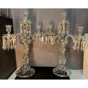 Importante Paire De Candélabres Chandeliers En Cristal De Baccarat 56 Cm