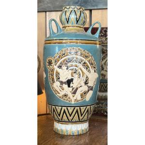 Vase de sol  à 3 anses supérieur en céramique des années 1970, décor vintage, H 56 cm