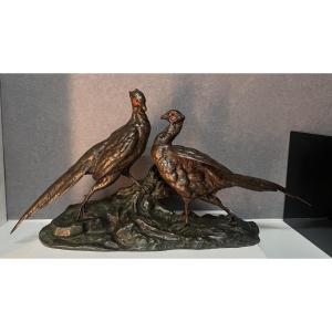 Jules Moignez (1835-1894), Polychrome Bronze Group, Pheasant Fight, 19th Century