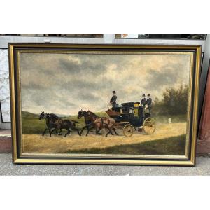 Grande huile sur toile, signé et daté de 1887, représentant un attelage tiré par 4 chevaux