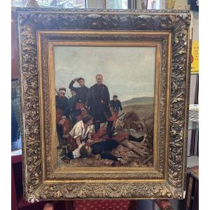 Military Theme Painting, Oil On Canvas From The Late 19th Century, Wooden Frame And Stucco