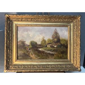 Eugène Galien-Laloue, signé sous le pseudo A. Languinais, huile sur panneau décor champêtre