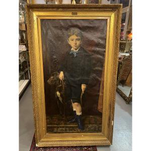 Large Painting Of A Castle, Oil On Canvas, Portrait Of A Child Under The Third Republic, Jb Brunet