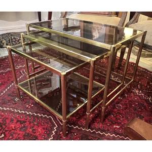 Tables gigogne ancienne en laiton et verre fumé année 1970, Dlg Janden, Baguès