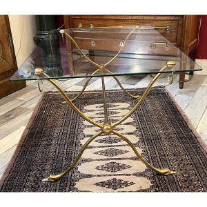 Table basse de la maison Jansen des année 1970, en laiton et verre, têtes de cygnes et anneaux