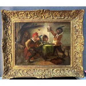 Tableau ancien huile sur toile d'une caverne avec singes jouant aux cartes DLG de Noterman