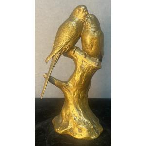 Georges Gardet  (1863-1939), couple de perruches inséparables en bronze, Barbedienne Fondeur