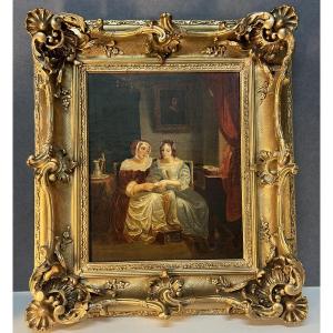 Tableau huile sur toile début XIXe, scène d'intérieur, deux femmes assises, cadre sculpté