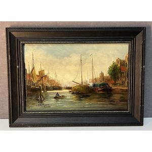 Willem Matthijs Maris (1872-1929), Peinture huile sur panneau, décor de bateaux dans un port