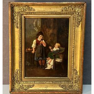 Work By Pierre Camille Gontier, Oil Painting On Panel, Young Children, 19th Century 