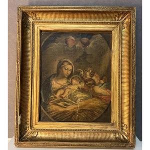 18th-century Religious Painting, Virgin And Child Jesus Accompanied By Angels, Gilded Wooden Frame