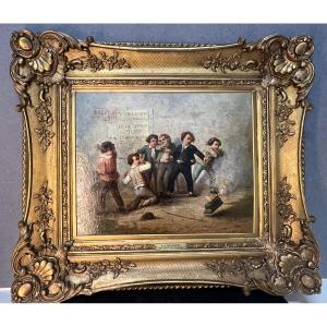 François Louis LANFANT de Metz ( 1814-1892 ) Le coup de canon, groupe d’enfant, huile / panneau