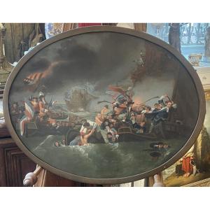 d’après Benjamin West (1738-1820), la bataille de la Hogue, début XIXe siècle, huile sur tôle