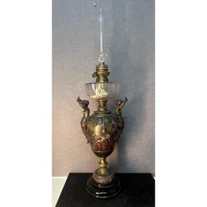 Antique Pewter Oil Lamp, Decorated With Caryatids, Putti, And Flowers, Baccarat Crystal