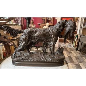 Bronze animalier de chasse en bronze patiné  " L’Épagneul au faisan ", Jules Moigniez, 50 cm