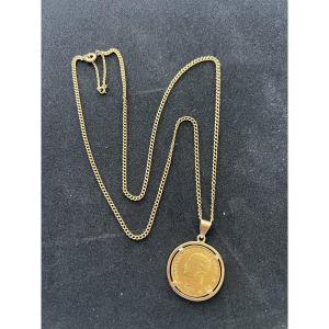 Chaîne de cou à mailles gourmette en or jaune 18 K, médaille Pièce 40 lire Italie, poids 28.4 g