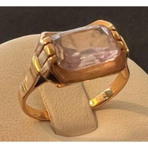 Bague Tank en or jaune 18 carats vers 1940 avec une pierre quartz rose, taille 56
