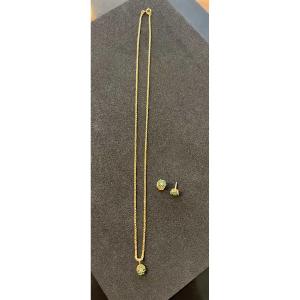 3-piece Set In 18-karat Yellow Gold With Diamonds And Emeralds, Necklace + Earrings