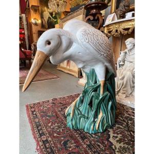 Glazed Ceramic Sculpture. Heron In The Reeds. St. Barbotine, Art Nouveau-inspired