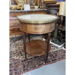 table bouillotte Louis XVI en acajou massif et placage, dessus marbre blanc, époque XVIIIe