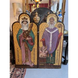 Pair Of Painted Metal Plates With Religious Motifs Depicting St. Catherine And St. Nicholas
