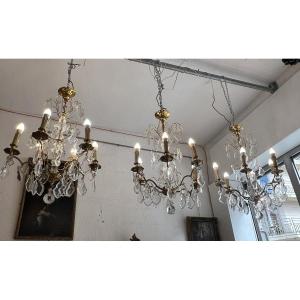 Set Of Three Louis XV-style Crystal Chandeliers With Pendants. 20th Century. H 80 Cm