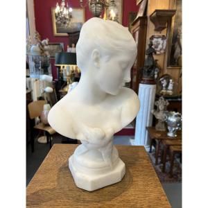 Auguste-joseph Peiffer (1832–1879), Carrara Marble Bust Of A Young Girl With A Swallow.
