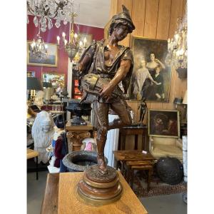 Jean Didier Debut (1824-1893), sculpture d'un joueur de Vielle, bronze avec belle patine, 71 cm