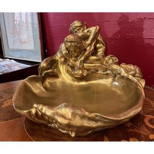 Gustave Frédéric Michel (1851–1924), Art Nouveau-era Gilded Bronze Trinket Dish, Siot
