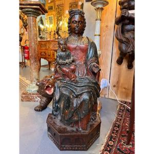 Vierge à l'Enfant En Bois Sculpté Polychrome Du XVIe Siècle
