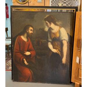 Le Christ Et La Samaritaine, Grande Peinture Huile Sur Toile Du XVIIe Siècle