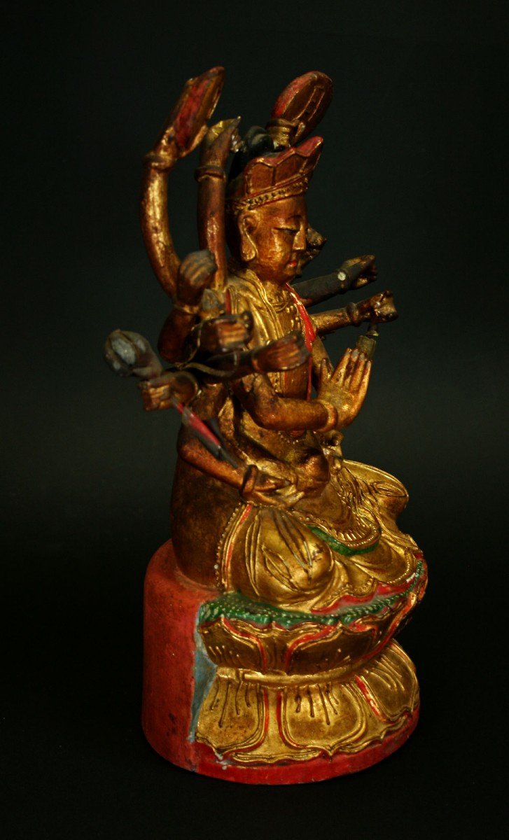 Ancien Bodhisattva Chinois En Bois Sculpté Laqué Et Peint. Qing.-photo-1