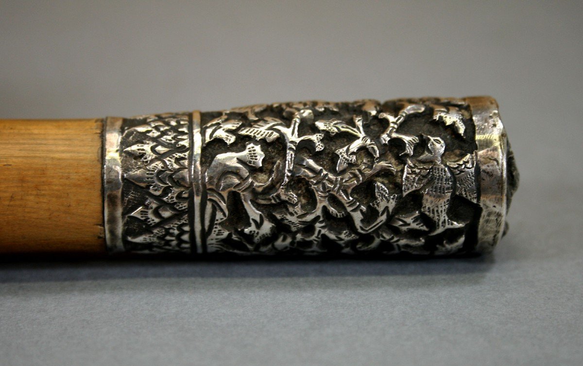 Antique Silver & Bamboo Baton  Stick Cane From Royal Luang Prabang Laos Elephants-photo-2