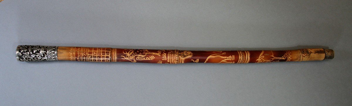 Antique Silver & Bamboo Baton  Stick Cane From Royal Luang Prabang Laos Elephants
