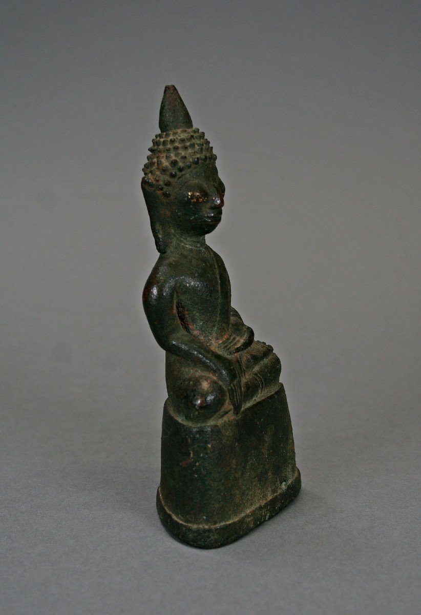 Ancien Bronze Bouddha Shakyamuni Laos C17e Bouddhiste Sculpture Bhumisparsha Mudra-photo-4