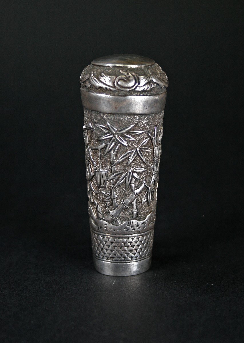 Antique Chinese Or Vietnamese Silver Cane  Walking Stick Handle-photo-3
