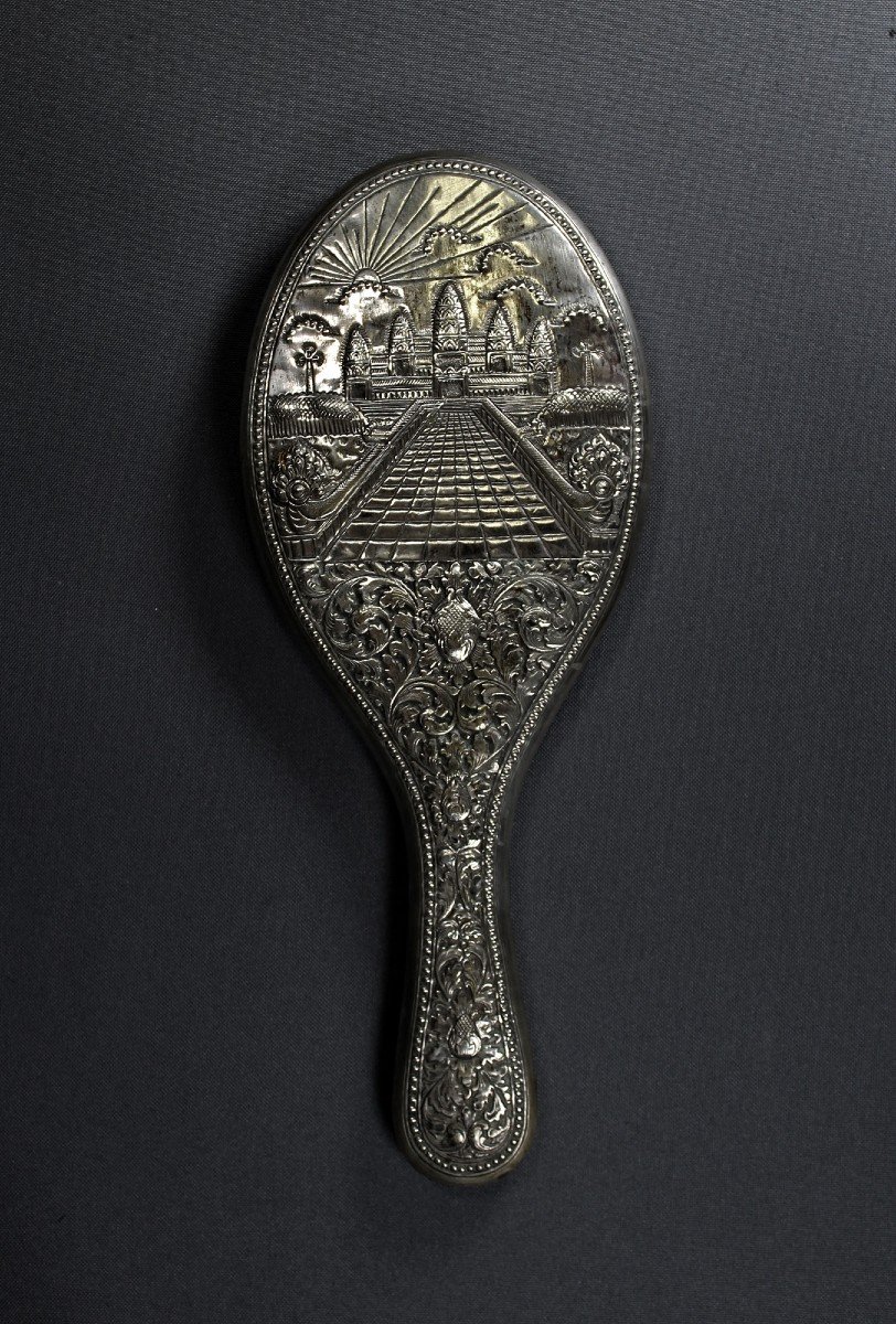Antique Cambodian Silver Hand Mirror. View Of Angkor Wat Khmer