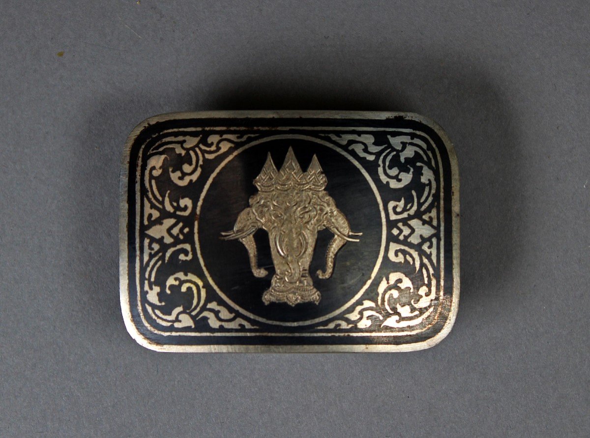 Belt Buckle  Silver Niello Three-headed Elephant Of Laos