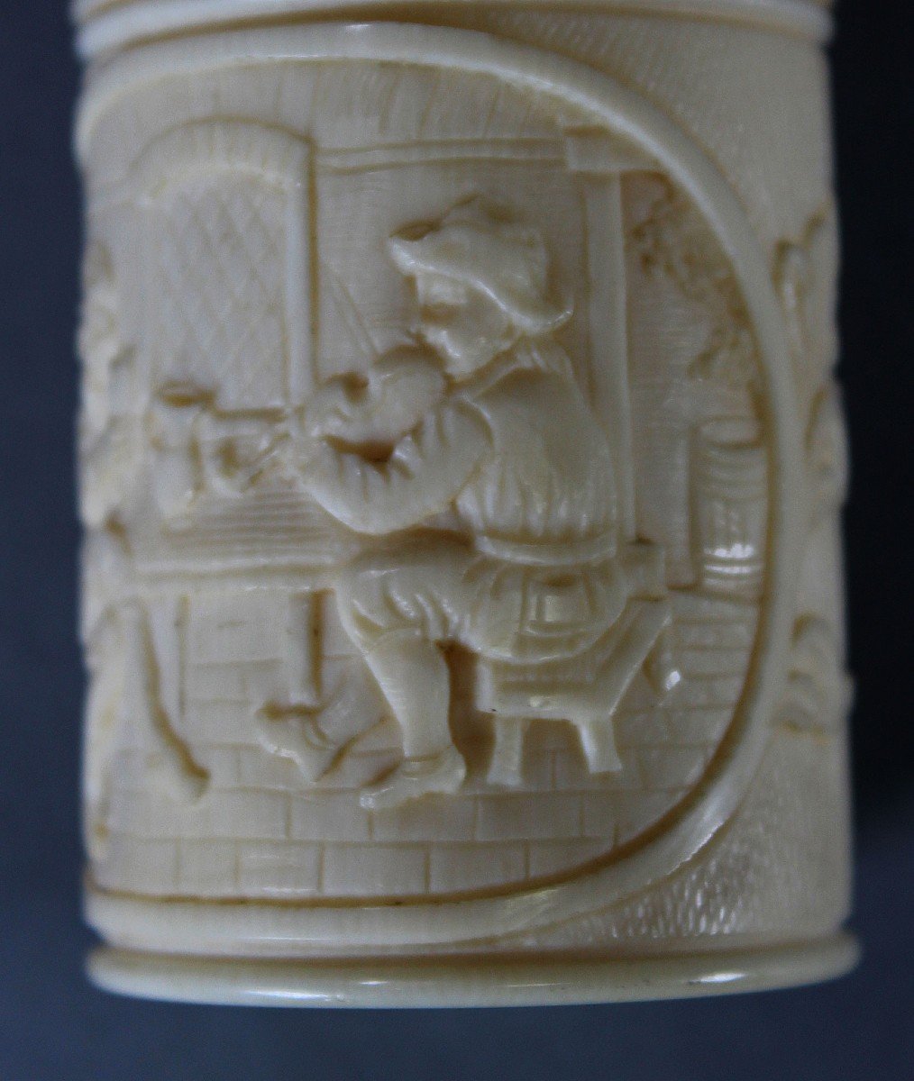 Antique Carved Ivory Box  Dieppe Tavern Scene Violinist Violin Nineteenth Century-photo-4