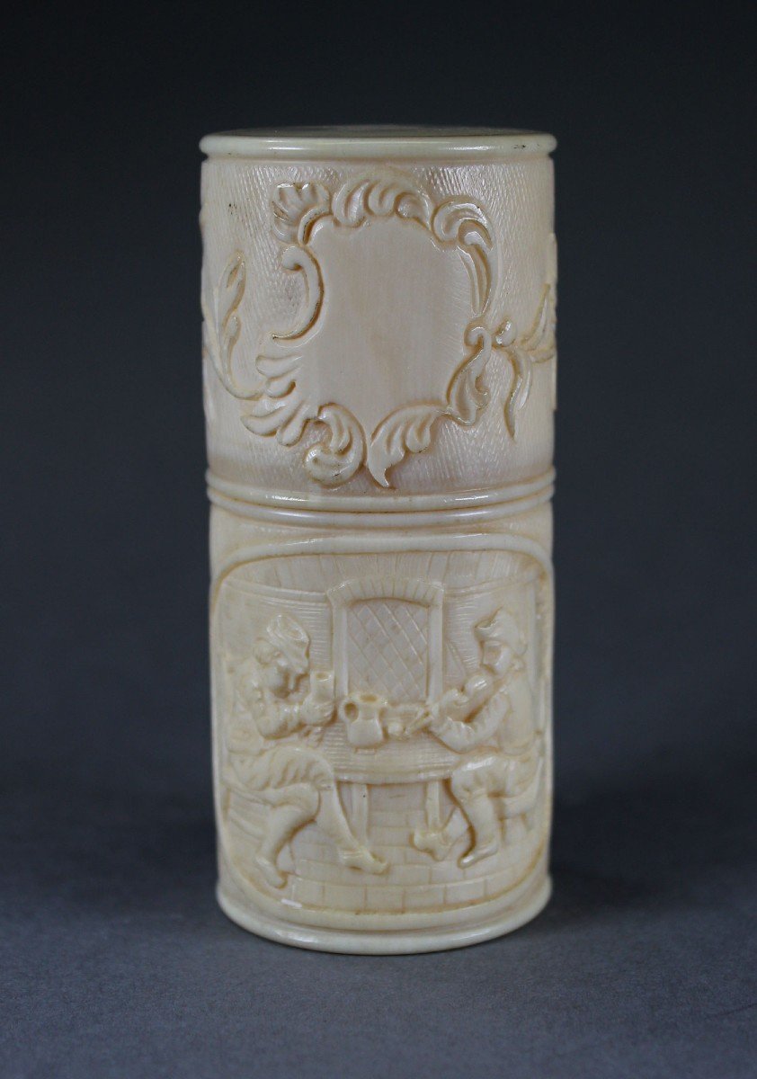 Antique Carved Ivory Box  Dieppe Tavern Scene Violinist Violin Nineteenth Century
