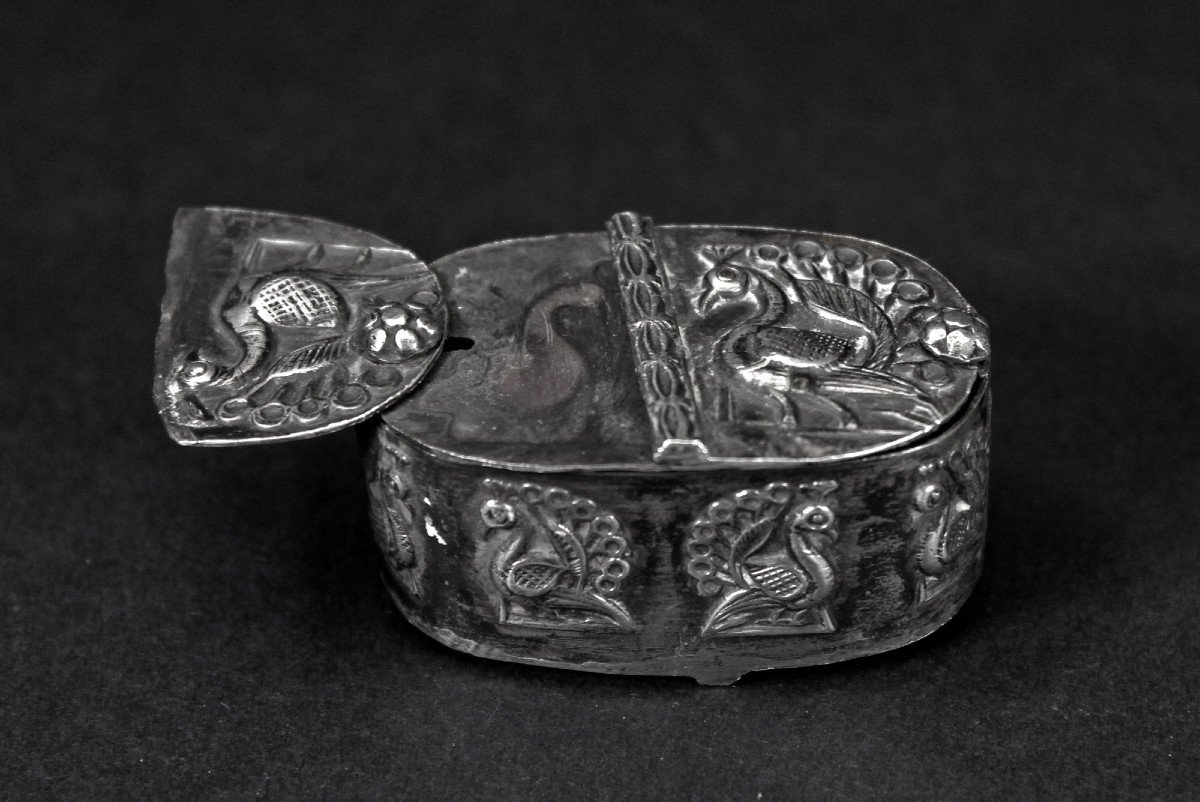  Boîte à Système Moghol Indien Antique En Argent Massif Paons-photo-2