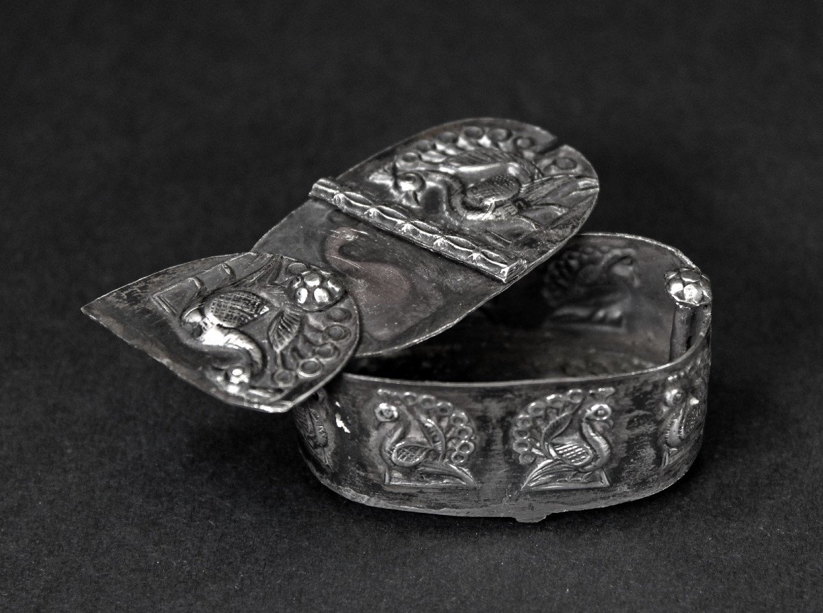  Boîte à Système Moghol Indien Antique En Argent Massif Paons-photo-3
