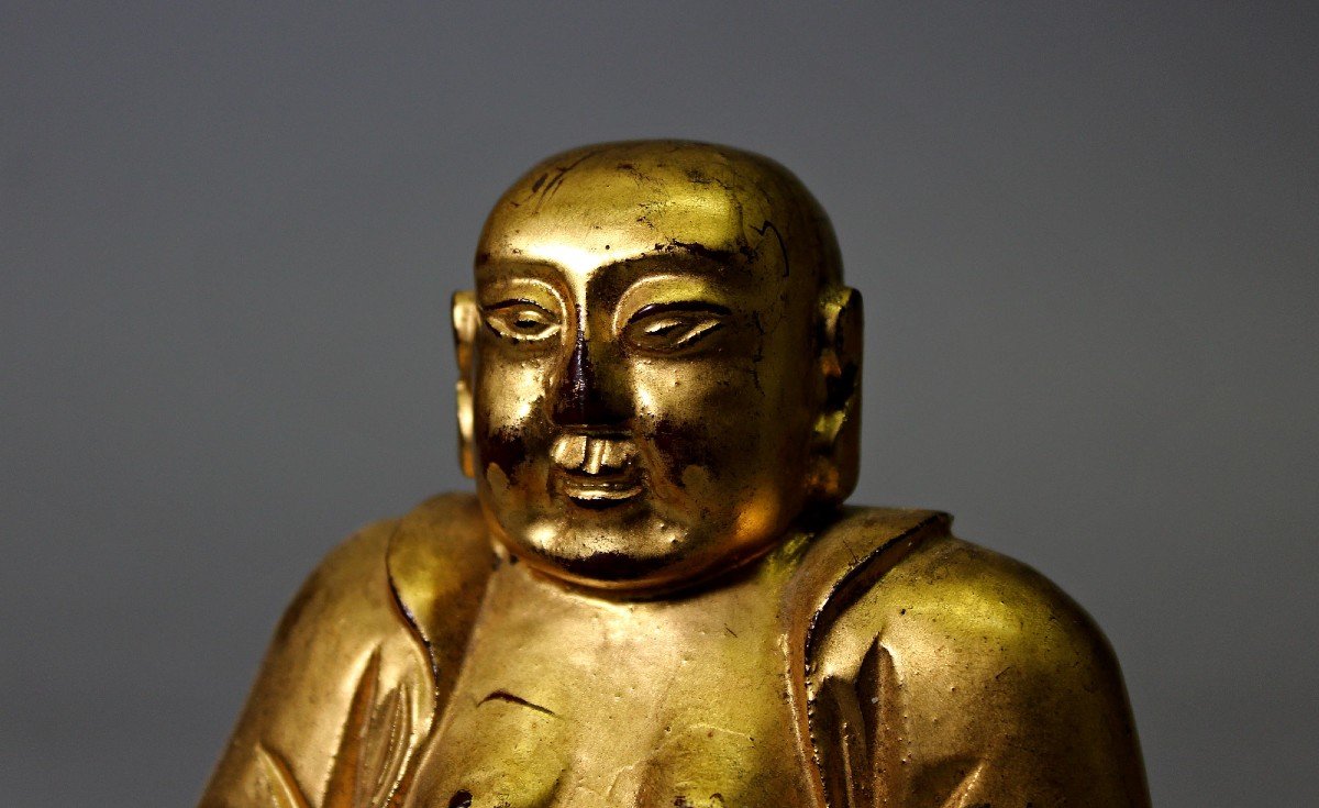 Antique Vietnamese Putai Carved Gilt Wood Laughing Buddha-photo-1