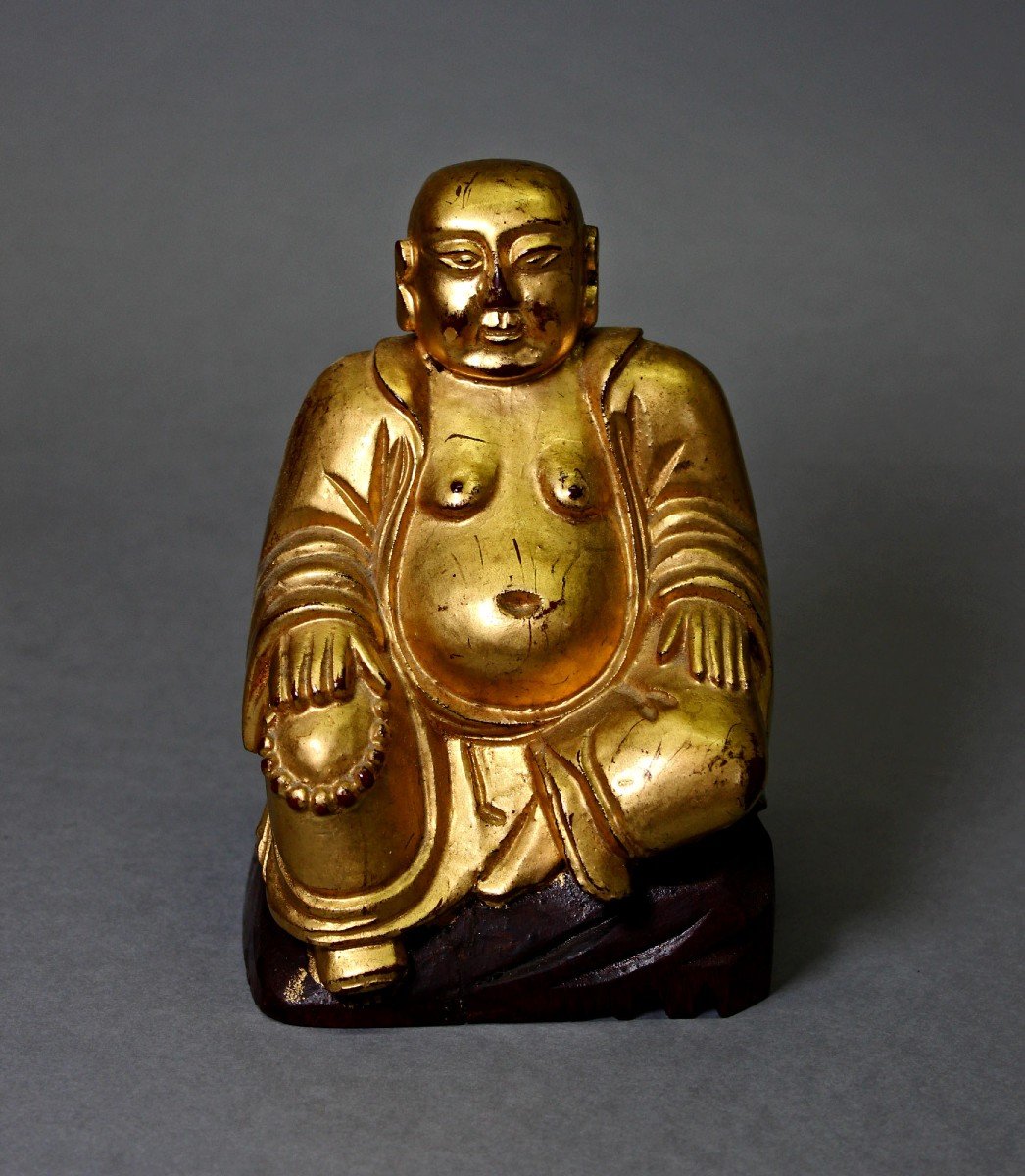 Antique Vietnamese Putai Carved Gilt Wood Laughing Buddha