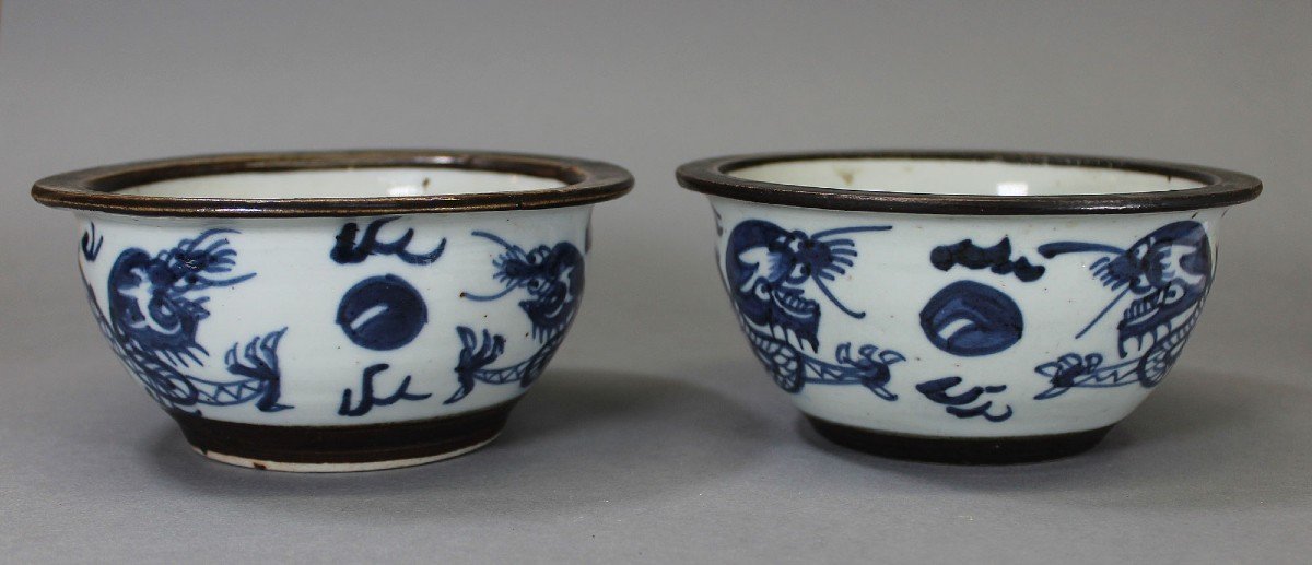 Porcelaine Chinoise Ancienne Paire De Bols Dragon Bleu Blanc Signé 19e Siècle-photo-2