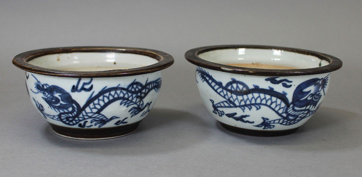 Antique Chinese Porcelain Pair Of Blue & White Dragon Bowls Signed 19th Century-photo-1